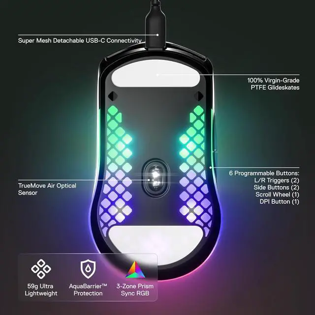 Alt view image 3 of 6 - SteelSeries Aerox 3 - Holey RGB Gaming Mouse - Ultra-lightweight Water Resistant Design - 8,500 DPI TrueMove Core Optical Sensor - Onyx