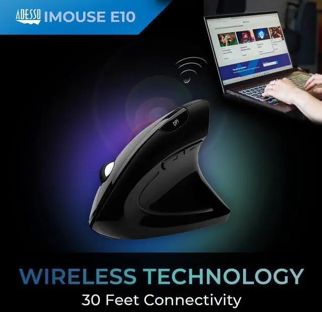 Alt view image 7 of 7 - Adesso iMouse E10 - Vertical Ergonomic Optical 6-Button 2.4 GHz RF Wireless Mouse - Right Hand Orientation, Black