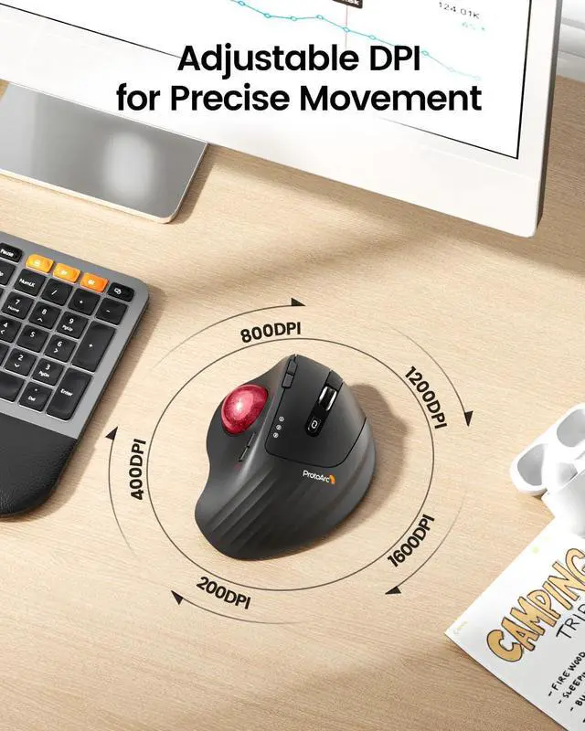 Alt view image 5 of 7 - ProtoArc Wireless Trackball Mouse, EM01 NL Ergonomic Bluetooth Rollerball Thumb Rechargeable Computer Laptop Mouse, Adjustable Angle & 3 Device Connection for PC, Mac, Windows-Red Ball