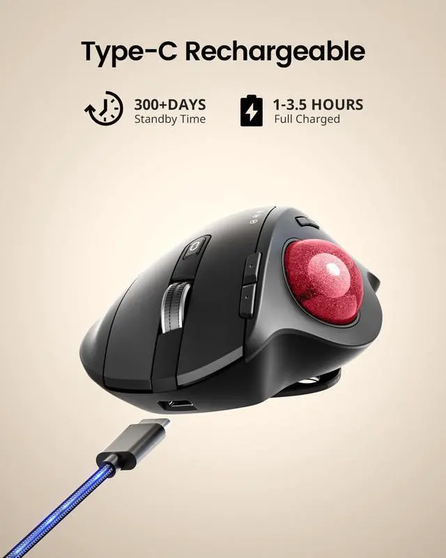 Alt view image 7 of 7 - ProtoArc Wireless Trackball Mouse, EM01 NL Ergonomic Bluetooth Rollerball Thumb Rechargeable Computer Laptop Mouse, Adjustable Angle & 3 Device Connection for PC, Mac, Windows-Red Ball
