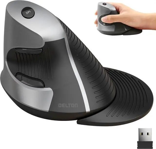 Main image of Delton S22 Vertical Wireless Mouse, Ergonomic Design, 2.4G USB Dongle, 6 Buttons, 3 Adjustable DPI Levels (800/1600/2400), Removable Palm Rest, Silent Click & Durable for PC, Laptop, MacBook - Black