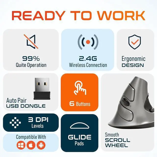 Alt view image 4 of 7 - Delton S22 Vertical Wireless Mouse, Ergonomic Design, 2.4G USB Dongle, 6 Buttons, 3 Adjustable DPI Levels (800/1600/2400), Removable Palm Rest, Silent Click & Durable for PC, Laptop, MacBook - Black