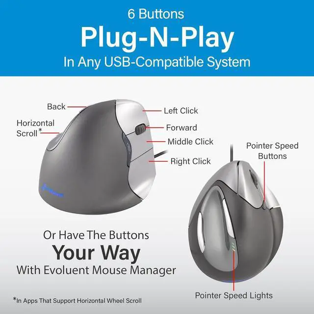 Alt view image 6 of 7 - Evoluent  Inventor of The Vertical Mouse  VM4R Ergonomic Vertical Mouse Right Hand Med to Large Wired, Sculpted for Comfort, Reduces Wrist Strain, Adjustable Speed, Customizable Buttons in Windows
