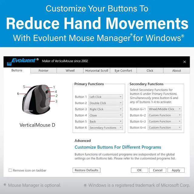 Alt view image 7 of 7 - Evoluent  Inventor of The Vertical Mouse  VM4R Ergonomic Vertical Mouse Right Hand Med to Large Wired, Sculpted for Comfort, Reduces Wrist Strain, Adjustable Speed, Customizable Buttons in Windows