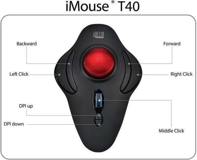 Alt view image 3 of 7 - Adesso iMouse T40 Wireless Ergonomic Finger Trackball Mouse with Nano USB Receiver, Programmable 7 Button Design, and 5 Level DPI Switch, for Left and Right Hand
