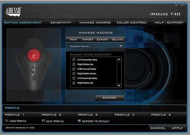 Alt view image 5 of 7 - Adesso iMouse T40 Wireless Ergonomic Finger Trackball Mouse with Nano USB Receiver, Programmable 7 Button Design, and 5 Level DPI Switch, for Left and Right Hand