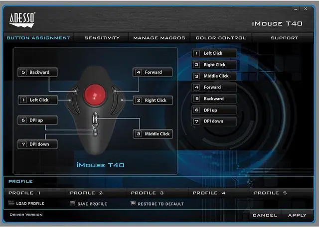 Alt view image 7 of 7 - Adesso iMouse T40 Wireless Ergonomic Finger Trackball Mouse with Nano USB Receiver, Programmable 7 Button Design, and 5 Level DPI Switch, for Left and Right Hand