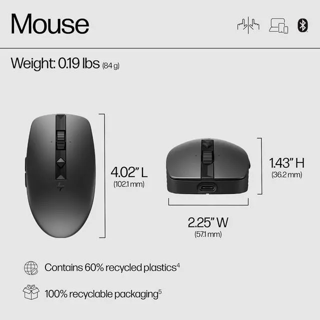 Alt view image 3 of 6 - HP 710 Rechargeable Silent Mouse - for Computer or Laptop, Type USB-C Batteries - Multi-OS/Device Compatible - Bluetooth or 2.4 GHZ Dongle - 6 Programmable Buttons - Ambidextrous (6E6F2AA#ABL, Black)