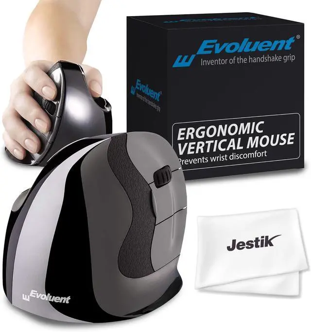 Main image of Evoluent Mouse VMDLW - VerticalMouse D, Right Hand Ergonomic Design, Evoluent Vertical Mouse D Large with Wireless Connection for Laptop and PC, Plus Jestik Microfiber Cloth