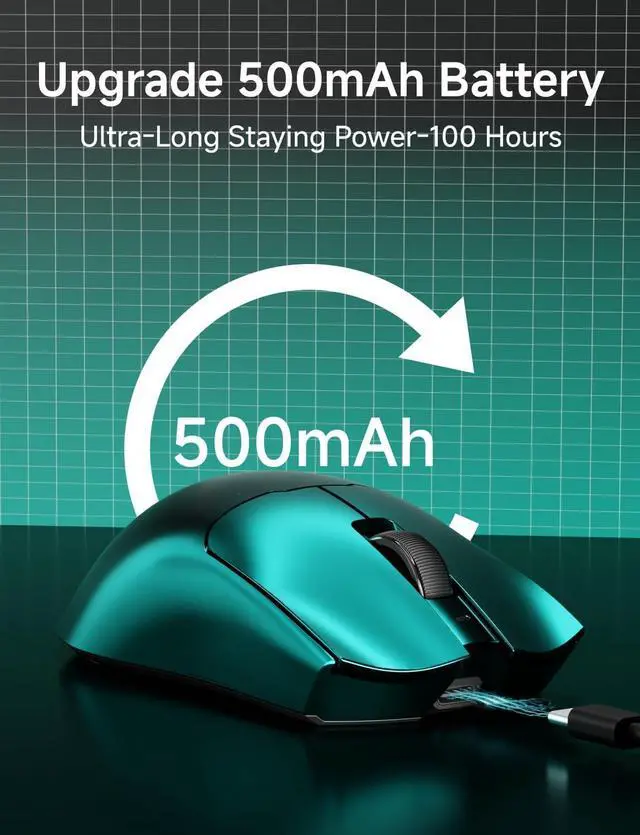 Alt view image 6 of 7 - S9 Max Wireless Gaming Mouse, 59G Ergonomic Computer Mouse, Triple Modes, 8K Polling, 26K DPI, PAW3395 Optical Sensor, Kailh Switch, 250h Battery Life, Programmable for PC/Win/Mac(Green)