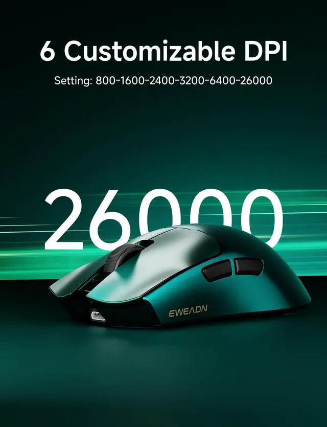 Alt view image 5 of 7 - S9 Max Wireless Gaming Mouse, 59G Ergonomic Computer Mouse, Triple Modes, 8K Polling, 26K DPI, PAW3395 Optical Sensor, Kailh Switch, 250h Battery Life, Programmable for PC/Win/Mac(Green)