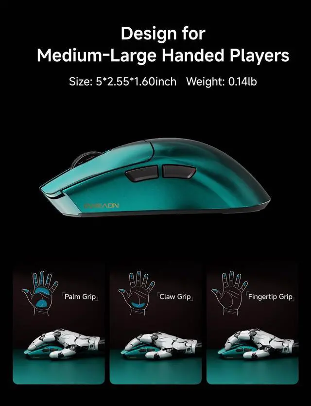 Alt view image 7 of 7 - S9 Max Wireless Gaming Mouse, 59G Ergonomic Computer Mouse, Triple Modes, 8K Polling, 26K DPI, PAW3395 Optical Sensor, Kailh Switch, 250h Battery Life, Programmable for PC/Win/Mac(Green)