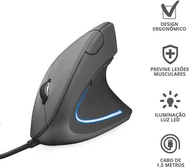 Alt view image 3 of 6 - Trust Verto Wired Ergonomic Mouse, Vertical Mouse with LED Illumination, 1000-1600 DPI, 6 Buttons, for Right Hand Users, Computer Mouse for PC and Laptop - Black