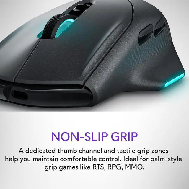 Alt view image 3 of 7 - Alienware Wireless Gaming Mouse AW620M - Wireless/Wired, 1 x USB - 4 pin USB Type A, 26000 dpi, 3.52oz (99g) Weight, 7 Buttons, Non-Slip Grip, up to 140 Hours of Gaming - Dark Side of The Moon