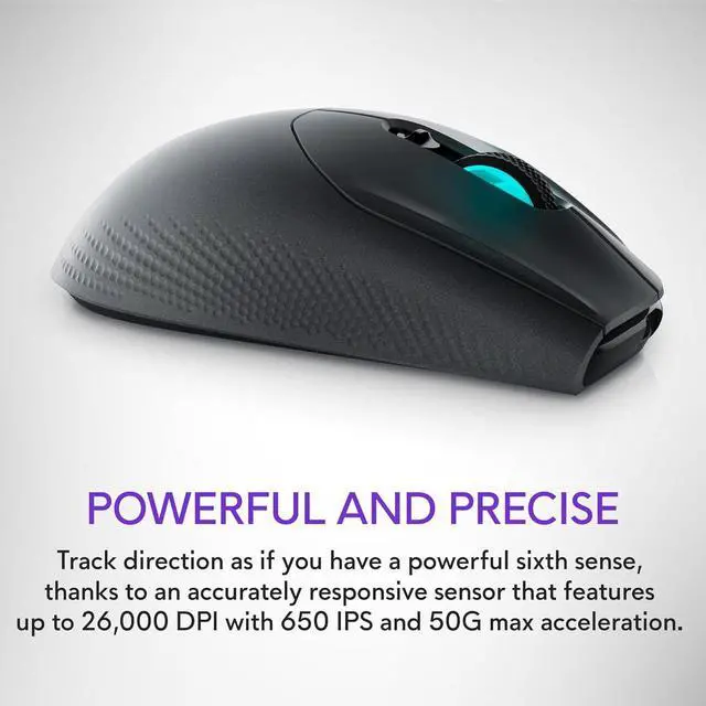 Alt view image 5 of 7 - Alienware Wireless Gaming Mouse AW620M - Wireless/Wired, 1 x USB - 4 pin USB Type A, 26000 dpi, 3.52oz (99g) Weight, 7 Buttons, Non-Slip Grip, up to 140 Hours of Gaming - Dark Side of The Moon