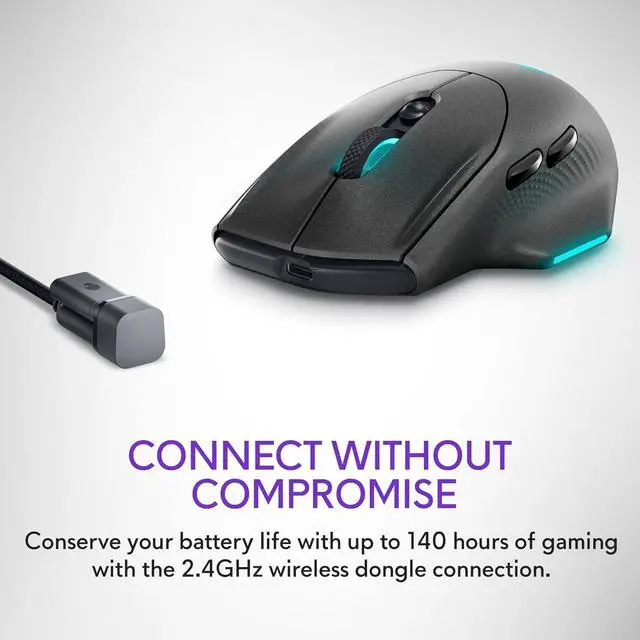 Alt view image 6 of 7 - Alienware Wireless Gaming Mouse AW620M - Wireless/Wired, 1 x USB - 4 pin USB Type A, 26000 dpi, 3.52oz (99g) Weight, 7 Buttons, Non-Slip Grip, up to 140 Hours of Gaming - Dark Side of The Moon