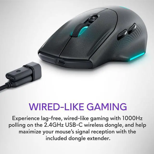 Alt view image 7 of 7 - Alienware Wireless Gaming Mouse AW620M - Wireless/Wired, 1 x USB - 4 pin USB Type A, 26000 dpi, 3.52oz (99g) Weight, 7 Buttons, Non-Slip Grip, up to 140 Hours of Gaming - Dark Side of The Moon