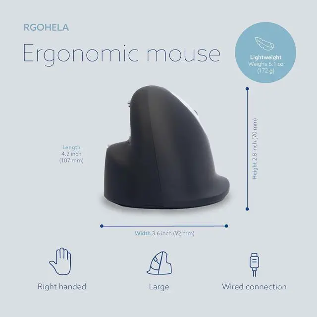 Alt view image 2 of 7 - R-Go HE Vertical Ergonomic Mouse, For large hand, Wired with USB-C/A cable, 400-2400 DPI, Prevents Tennis Elbow/Arm RSI, 5 Buttons - Compatible Windows/Mac, Black/Silver