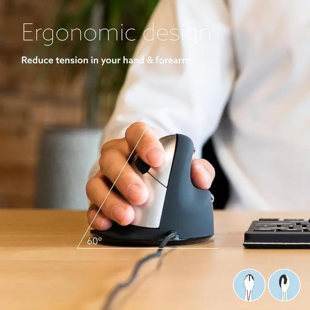 Alt view image 7 of 7 - R-Go HE Vertical Ergonomic Mouse, For large hand, Wired with USB-C/A cable, 400-2400 DPI, Prevents Tennis Elbow/Arm RSI, 5 Buttons - Compatible Windows/Mac, Black/Silver