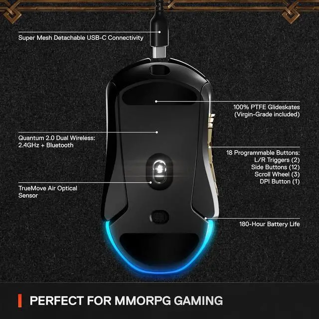 Alt view image 3 of 5 - SteelSeries Aerox 9 Wireless: World of Warcraft Edition  Free in-Game Item  MMO Gaming Mouse  18 Programmable Buttons  Lightweight  Bluetooth/2.4GHz  18K DPI TrueMove Air Sensor