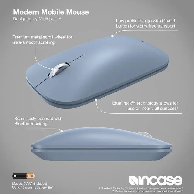 Alt view image 2 of 7 - Incase Modern Mobile Mouse  Designed by Microsoft  Lightweight, Precision Navigation, Right/Left Hand Use, Scroll Wheel, BlueTrack Technology, Wireless Bluetooth for Mac/Windows/8/10/11 (Ice Blue)