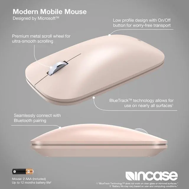 Alt view image 2 of 7 - Incase Modern Mobile Mouse  Designed by Microsoft  Lightweight, Precision Navigation, Right/Left Hand Use, Scroll Wheel, BlueTrack Technology, Wireless Bluetooth for Mac/Windows/8/10/11 (Sandstone)