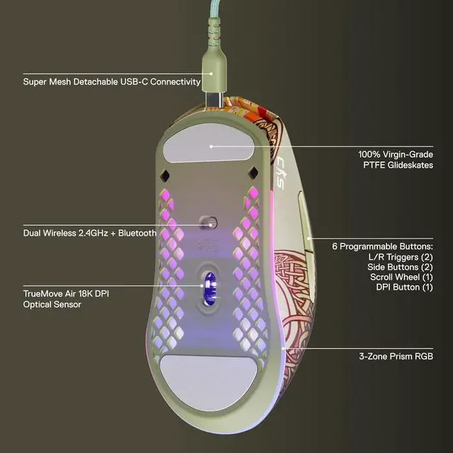 Alt view image 3 of 6 - SteelSeries Wireless Gaming Mouse CS2 Dragon Lore Edition  Counter-Strike  2.4GHz & Bluetooth  18K DPI TrueMove Air Optical Sensor  Up to 200 HR Battery  80M Click Durability