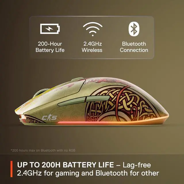Alt view image 4 of 6 - SteelSeries Wireless Gaming Mouse CS2 Dragon Lore Edition  Counter-Strike  2.4GHz & Bluetooth  18K DPI TrueMove Air Optical Sensor  Up to 200 HR Battery  80M Click Durability
