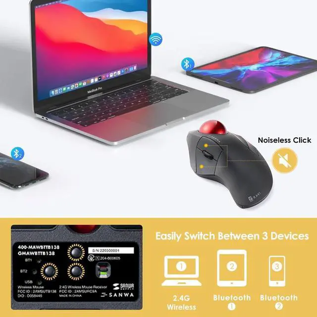 Alt view image 5 of 7 - SANWA Bluetooth & 2.4 G Wireless Ergo Trackball Mouse + Bluetooth Numeric Keypad, Programmable Silent Buttons Roller Ball, Portable Financial Accounting Numpad, Compatible with Mac, Windows, Laptop