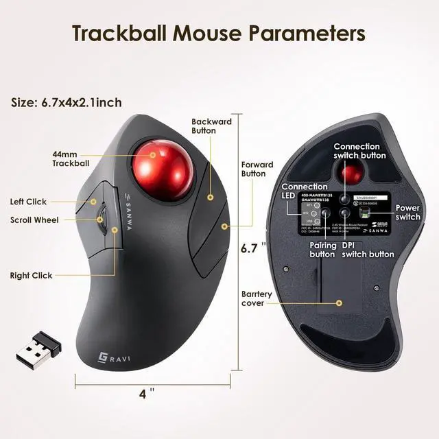 Alt view image 7 of 7 - SANWA Bluetooth 5.1 + 2.4 G Wireless Ergonomic Trackball Mouse, Finger Control Roller Ball Mouse, 3 Device Switch, Silent Programmable Buttons, 1000/1600/2400 DPl, Compatible with PC, Windows, MacOS