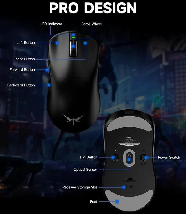 Alt view image 6 of 7 - VGN F1 Wireless Gaming Mouse, 26,000 DPI, High Precision, 55g Lightweight, 4K Polling Rate, 200-Hour Battery Life, 6 Programmable Buttons, USB-C Charging, for PC/Mac/Laptop, Classic Black
