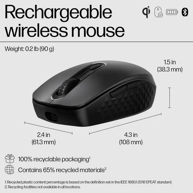 Alt view image 3 of 7 - HP 690 Rechargeable Wireless Mouse-Fast Wireless Qi-Charging or USB-C Charging, Multi-Devices-3 Bluetooth connectivities, Microsoft Swift Pair, 4K dpi, 4D tilt Wheel, Metallic, 6 programmable Buttons