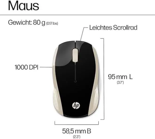Alt view image 5 of 6 - HP 200 Silk Gold 2.4 GHz USB Wireless Mouse with Red LED 1000 DPI Optical Sensor, Up to 12 Months Battery Life