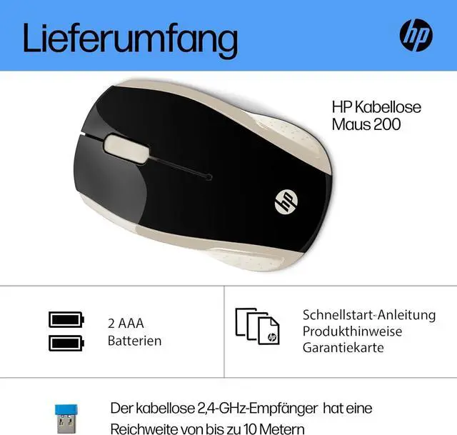 Alt view image 6 of 6 - HP 200 Silk Gold 2.4 GHz USB Wireless Mouse with Red LED 1000 DPI Optical Sensor, Up to 12 Months Battery Life