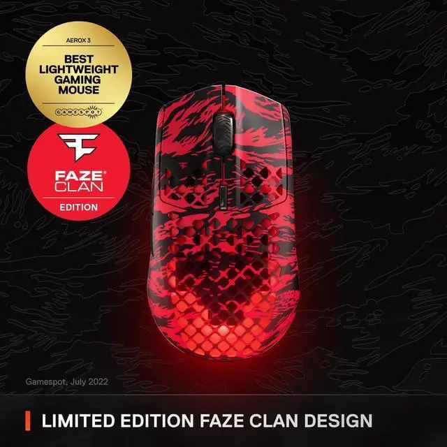 Alt view image 2 of 5 - SteelSeries Aerox 3 Wireless: Faze Clan Edition  Holey RGB Gaming Mouse  18K DPI TrueMove Air Optical Sensor  Ultra-Lightweight Water Resistant Design