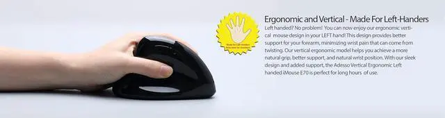 Alt view image 2 of 7 - Adesso iMouse E70-2.4GHz Wireless Ergonomic Vertical Left-Handed Mouse