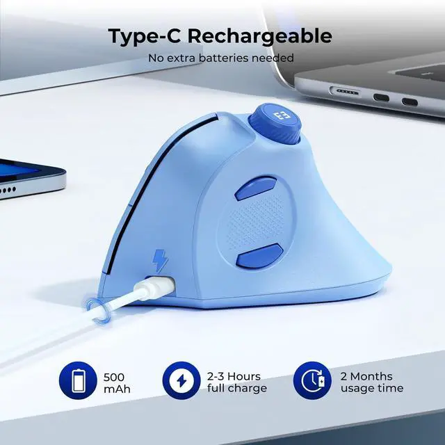 Alt view image 5 of 7 - seenda Ergonomic Mouse Rechargeable, USB+Dual Bluetooth, MOU-302 Vertical Wireless Mouse with Volume Knob, Quiet Clicks, Multi-Device Cordless Mice Compatible for Windows, PC, Laptop, Mac OS