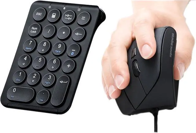 Main image of SANWA ERG9 Wired Ergonomic Mouse + Bluetooth Numeric Keypad Set, Vertical Computer Mice with LED Light, 1000/1600 DPI, Portable Wireless Ten Key Number Pad, Compatible with Mac, Windows, Laptop, PC