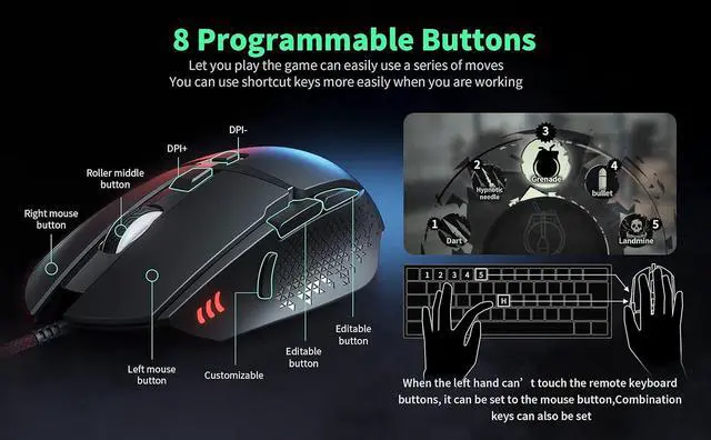 Alt view image 6 of 7 - C303 Gaming Mouse, RGB Wired Mice with 7200 Adjustable DPI, 8 Programmable Buttons, PC Gaming Mice Computer Lightweight Silent Wired Mouse for Gamer Office, Matte Black