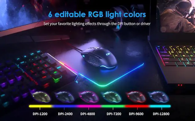 Alt view image 3 of 7 - C309 Gaming Mouse Wired, USB Computer Mouse for Game & Daily, RGB Backlit, 4 Adjustable DPI Up to 12800 DPI, 8 Programmable Buttons Ergonomic Mice for PC, Laptop, Mac, Windows, Matte Black