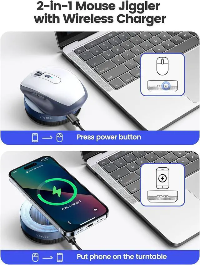 Alt view image 3 of 7 - Vaydeer Multiple Mouse Mover, W1 Mouse jigglerWireless Charger 2-in-1, Undetectable Shaker Wiggler Device, Automatic Phone Charging Pad, Quiet Mice Giggler Juggler to Keep PC Active