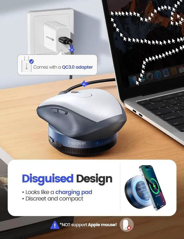 Alt view image 2 of 7 - Vaydeer Multiple Mouse Mover, W1 Mouse jigglerWireless Charger 2-in-1, Undetectable Shaker Wiggler Device, Automatic Phone Charging Pad, Quiet Mice Giggler Juggler to Keep PC Active