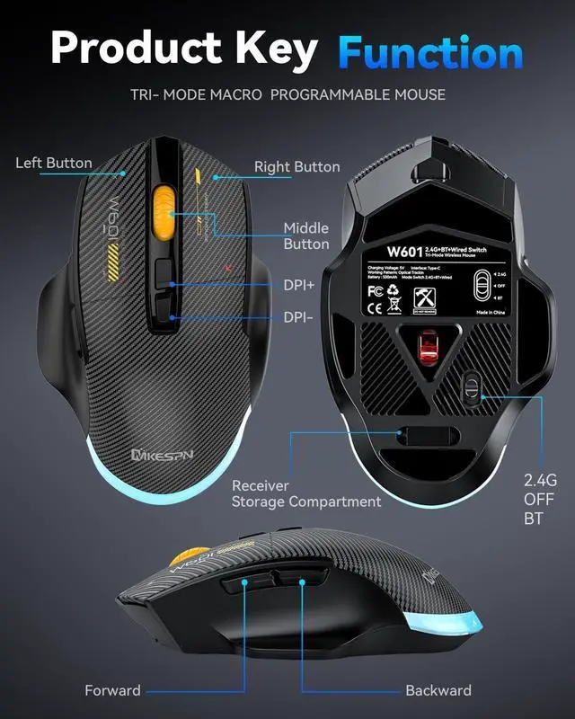 Alt view image 5 of 7 - Wireless Mouse, 2.4G Ergonomic Optical Rechargeable Mouse, 7 Buttons, 12800 DPI, Computer Mouse for Laptop, PC, Computer