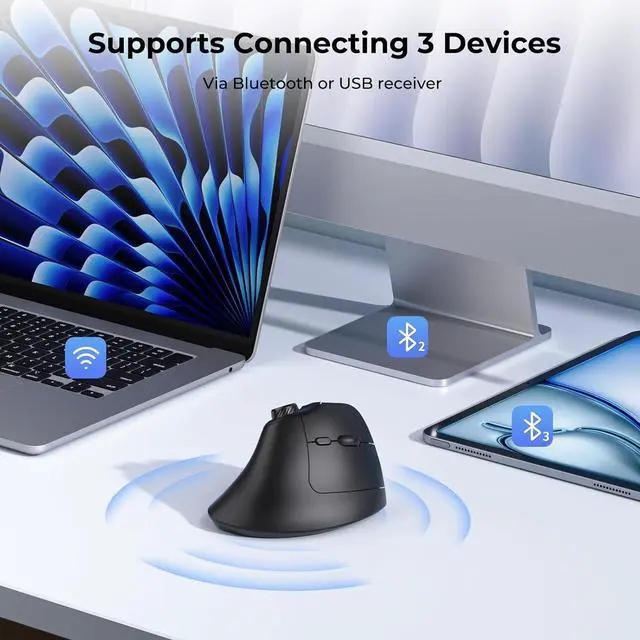 Alt view image 2 of 7 - seenda Ergonomic Mouse Rechargeable, USB+Dual Bluetooth, MOU-302 Vertical Wireless Mouse with Volume Knob, Quiet Clicks, Multi-Device Cordless Mice Compatible for Windows, PC, Laptop, Mac OS