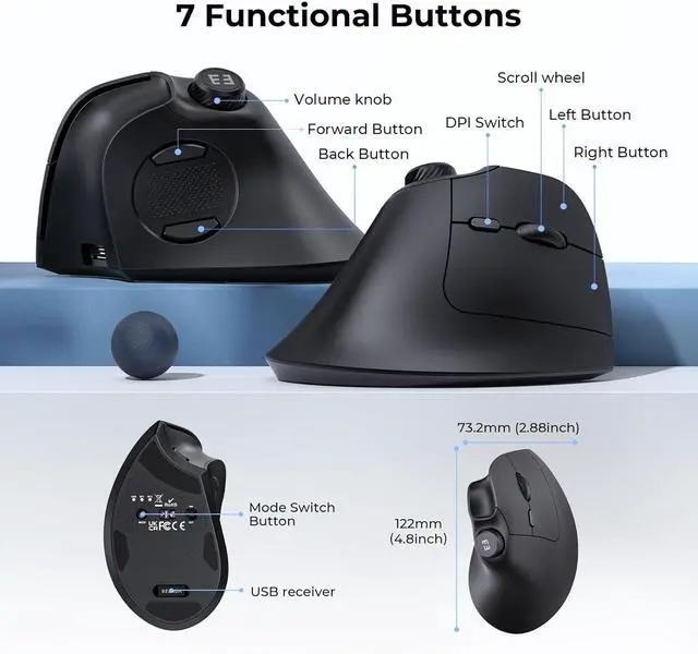 Alt view image 6 of 7 - seenda Ergonomic Mouse Rechargeable, USB+Dual Bluetooth, MOU-302 Vertical Wireless Mouse with Volume Knob, Quiet Clicks, Multi-Device Cordless Mice Compatible for Windows, PC, Laptop, Mac OS