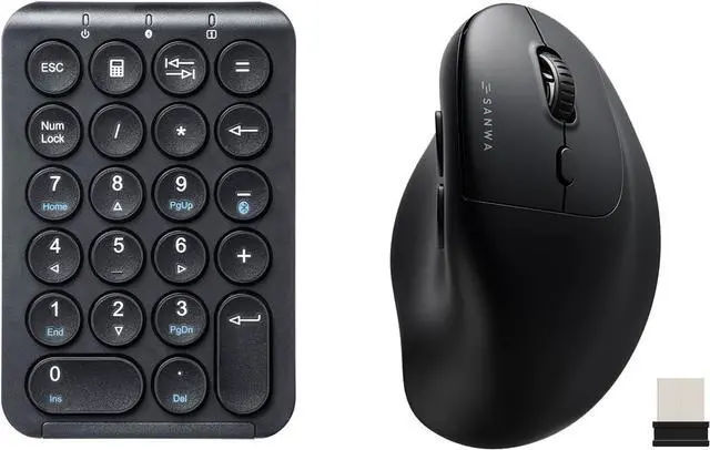 Main image of SANWA 3-Device Ergonomic Vertical Mouse + Bluetooth Numeric Keypad Set, Silent Click & Programmable Ergo Mice for Medium Large Hands, Portable Ten Key Number Pad, Compatible with Mac, Windows, Laptop