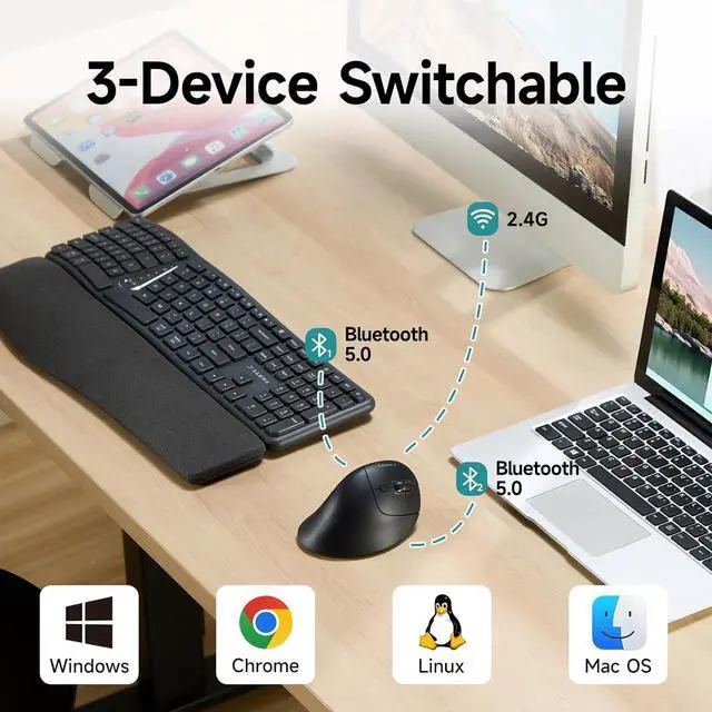 Alt view image 3 of 7 - SANWA 3-Device Ergonomic Vertical Mouse + Bluetooth Numeric Keypad Set, Silent Click & Programmable Ergo Mice for Medium Large Hands, Portable Ten Key Number Pad, Compatible with Mac, Windows, Laptop