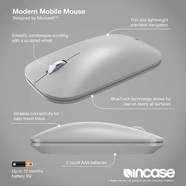 Alt view image 2 of 6 - Incase Modern Mobile Mouse  Designed by Microsoft  Lightweight, Precision Navigation, Right/Left Hand Use, Scroll Wheel, BlueTrack Technology, Wireless Bluetooth for Mac/Windows/8/10/11 (Platinum)