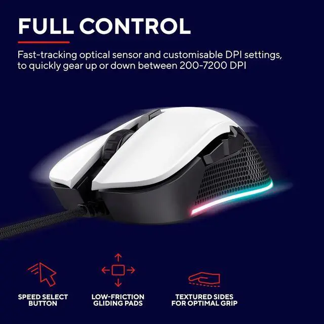 Alt view image 2 of 7 - Trust Gaming Mouse GXT 922W Ybar Full RGB LED Illuminated, 200-7200 DPI, 6 Responsive Buttons, Braided USB Cable for Computer/Laptop/PC - White