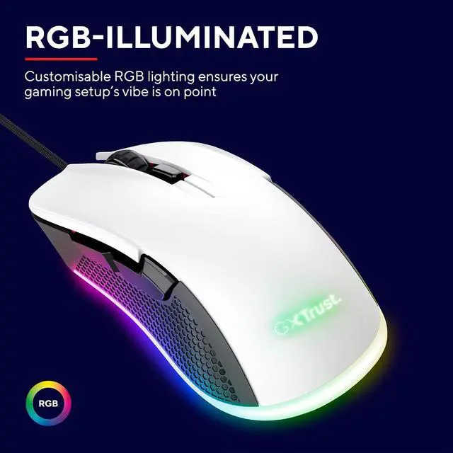 Alt view image 3 of 7 - Trust Gaming Mouse GXT 922W Ybar Full RGB LED Illuminated, 200-7200 DPI, 6 Responsive Buttons, Braided USB Cable for Computer/Laptop/PC - White